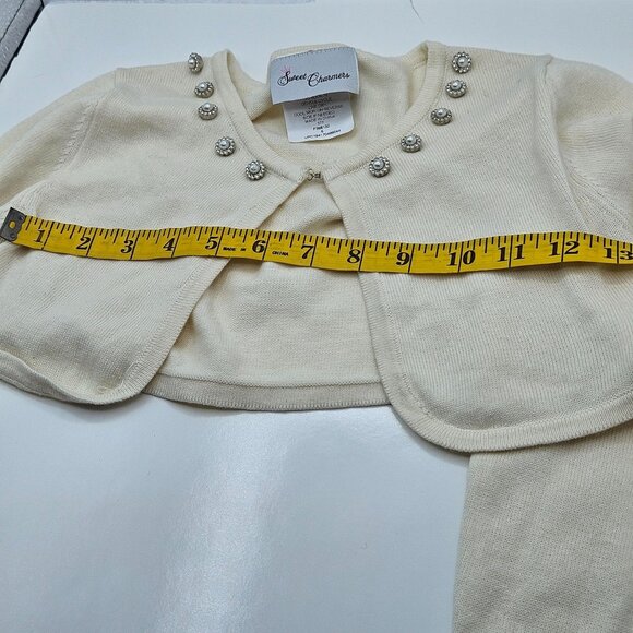 Sweet Charmers Ivory Cropped Cardigan Pearl Embellished Neckline Long Sleeves Wo - Picture 13 of 14